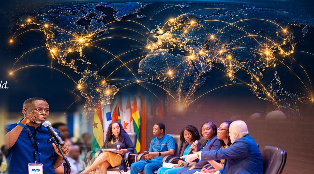 Illustrative artwork showing a luminous global network and people in dialogue