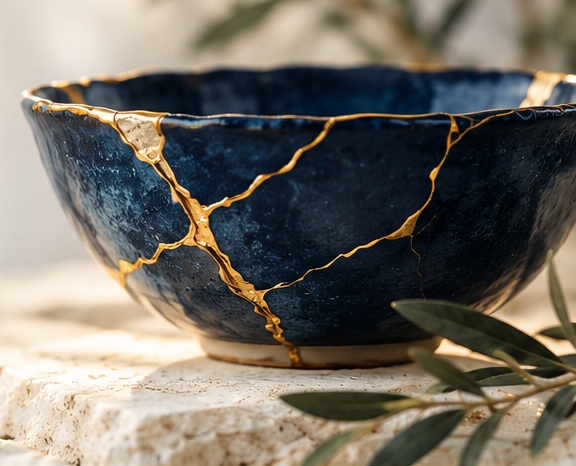 Blue ceramic vessel restored with golden seams, symbolizing hope and restoration